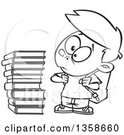 Lineart Clipart Of A Cartoon Black And White School Boy Glaring At A Stack Of Books Royalty Free Outline Vector Illustration by toonaday