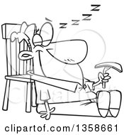 Lineart Clipart Of A Cartoon Black And White Happy Man Sleeping In A Turkey Coma After Thanksgiving Feast Royalty Free Outline Vector Illustration