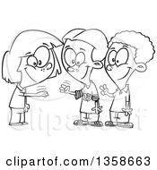 Lineart Clipart Of A Cartoon Black And White Girl And Boys Playing Rock Paper Scissors Royalty Free Outline Vector Illustration by toonaday