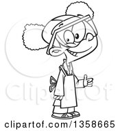 Lineart Clipart Of A Cartoon Black And White Happy Black School Girl Wearing A Science Lab Coat Apron And Goggles And Giving A Thumb Up Royalty Free Outline Vector Illustration
