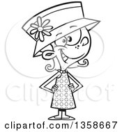 Lineart Clipart Of A Cartoon Black And White Happy Girl Wearing A Polka Dot Dress And A Hat Royalty Free Outline Vector Illustration