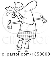 Lineart Clipart Of A Cartoon Black And White Happy Man Jumping Gleefully In The Morning Royalty Free Outline Vector Illustration