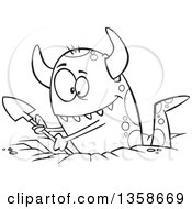 Poster, Art Print Of Cartoon Black And White Horned Monster Digging A Hole