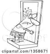 Lineart Clipart Of A Cartoon Black And White Man In His Underware Locked Out Of His House Royalty Free Outline Vector Illustration by toonaday