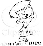 Lineart Clipart Of A Cartoon Black And White Boy Presenting Or Giving Someone Else A Turn Royalty Free Outline Vector Illustration