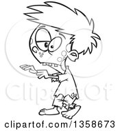 Lineart Clipart Of A Cartoon Black And White Halloween Zombie Boy Walking With His Arms Out Royalty Free Outline Vector Illustration