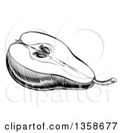 Clipart Of A Black And White Woodcut Or Engraved Halved Pear Royalty Free Vector Illustration by AtStockIllustration
