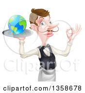 Poster, Art Print Of Cartoon Caucasian Male Waiter With A Curling Mustache Gesturing Ok And Holding Earth On A Tray