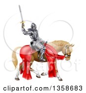 Clipart Of A 3d Full Armored Medieval Knight On A Brown Horse Holding Up A Sword Royalty Free Vector Illustration