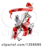 Poster, Art Print Of 3d Fully Armored Medieval Knight On A Rearing White Horse Holding A Banner Ribbon On A Spear
