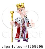 Clipart Of A Happy Brunette White King Giving A Thumb Up And Holding A Gold Staff Royalty Free Vector Illustration by AtStockIllustration