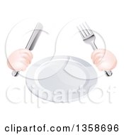 Cartoon Caucasian Hands Holding A Knife And Fork By A Clean White Plate