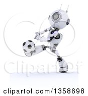 Poster, Art Print Of 3d Futuristic Robot Kicking A Soccer Ball On A Shaded White Background
