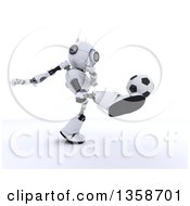 Poster, Art Print Of 3d Futuristic Robot Kicking A Soccer Ball On A Shaded White Background