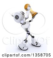 Poster, Art Print Of 3d Futuristic Robot Soccer Player Holding Up A Gold Trophy On A Shaded White Background