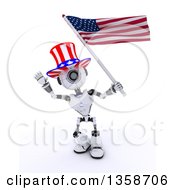Poster, Art Print Of 3d Futuristic Robot Uncle Sam Waving And Holding An American Flag On A Shaded White Background