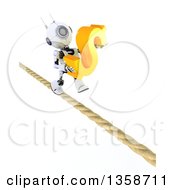 3d Futuristic Robot Carrying A Dollar Currency Symbol And Walking A Tight Rope On A Shaded White Background