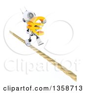 Poster, Art Print Of 3d Futuristic Robot Carrying A Euro Currency Symbol And Walking A Tight Rope On A Shaded White Background