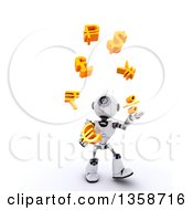 3d Futuristic Robot Juggling Currency Symbols On A Shaded White Background