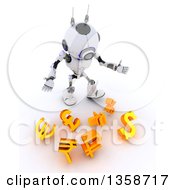 3d Futuristic Robot Juggler Dropping Currency Symbols On A Shaded White Background