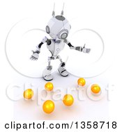 3d Futuristic Robot Juggler Dropping Balls On A Shaded White Background