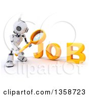 3d Futuristic Robot Using A Magnifying Glass To Search For A Job On A Shaded White Background