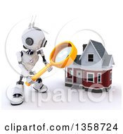 3d Futuristic Robot Using A Magnifying Glass To Search For A House On A Shaded White Background