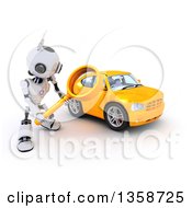 Poster, Art Print Of 3d Futuristic Robot Using A Magnifying Glass To Search For A Car On A Shaded White Background