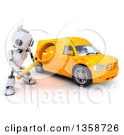 Poster, Art Print Of 3d Futuristic Robot Using A Magnifying Glass To Search For A Van On A Shaded White Background