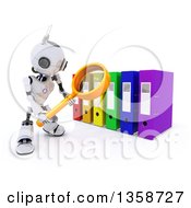 3d Futuristic Robot Using A Magnifying Glass To Search Binder Archives On A Shaded White Background