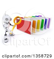 3d Futuristic Robot Using A Magnifying Glass To Search Colorful File Folders On A Shaded White Background