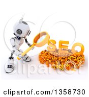 Poster, Art Print Of 3d Futuristic Robot Using A Magnifying Glass To Search Online On A Shaded White Background