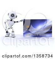 Poster, Art Print Of 3d Futuristic Robot Leaning On A Giant Credit Card On A Shaded White Background