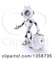 Poster, Art Print Of 3d Futuristic Robot First Responder Paramedic Presenting And Holding A First Aid Kit On A Shaded White Background
