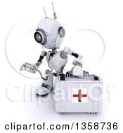 3d Futuristic Robot First Responder Paramedic Using A Stethoscope By A First Aid Kit On A Shaded White Background