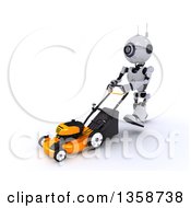 Poster, Art Print Of 3d Futuristic Robot Pushing A Lawn Mower On A Shaded White Background