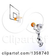 Poster, Art Print Of 3d Futuristic Robot Shooting A Basketball On A Shaded White Background