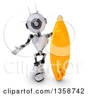 Poster, Art Print Of 3d Futuristic Robot Presenting By A Surf Board On A Shaded White Background