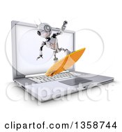 Poster, Art Print Of 3d Futuristic Robot Surfing And Emerging From A Laptop Computer Screen On A Shaded White Background