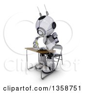 Poster, Art Print Of 3d Futuristic Robot Student Writing At A Desk On A Shaded White Background