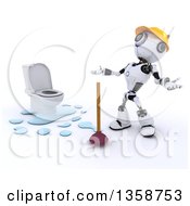 Poster, Art Print Of 3d Futuristic Robot Plumber By A Leaking Toilet On A Shaded White Background