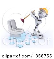 Poster, Art Print Of 3d Futuristic Robot Plumber Working On A Leaking Toilet On A Shaded White Background