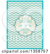Poster, Art Print Of Merry Christmas And Happy New Year Frame With A Snowflake And Deer Over A Retro Beige And Blue Chevron Pattern