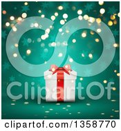 Poster, Art Print Of 3d White And Red Christmas Gift Box Over A Green Background With Bokeh Lights And Snowflakes