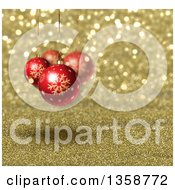 Poster, Art Print Of Christmas Background Of 3d Red Snowflake Baubles Suspended Over Gold Glitter