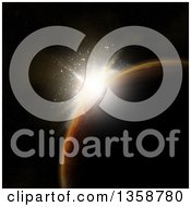 Clipart Of A 3d Sunrise Behind A Fictional Planet Over Black Royalty Free Illustration