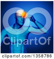3d Xray Anatomical Man With Visible Muscles And Glowing Head Pain Over Blue