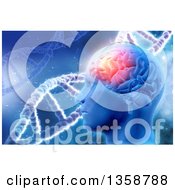 3d Mans Head With Visible Glowing Brain Over Dna Strands On Blue