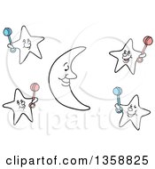 Cartoon Crescent Moon And Stars Holding Baby Rattles