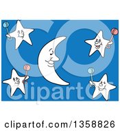 Clipart Of A Cartoon Crescent Moon And Stars Holding Baby Rattles Over Blue Royalty Free Vector Illustration